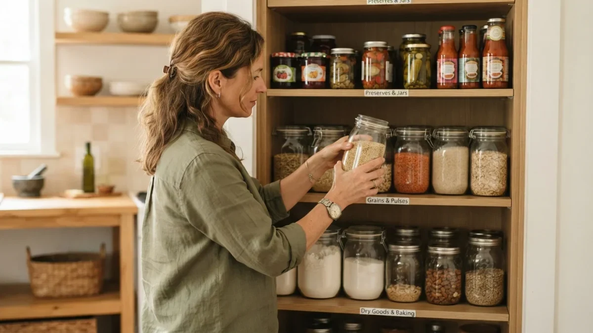 Documentary photo of a woman sorting pantry jars by type on shelves