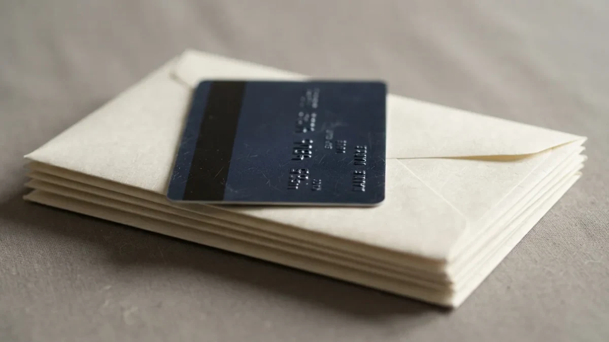 Credit card resting on unopened bank envelopes in studio light