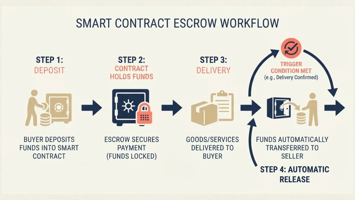 Four-step infographic showing an escrow smart contract releasing funds automatically
