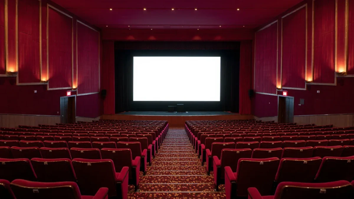 Empty cinema auditorium with a glowing screen