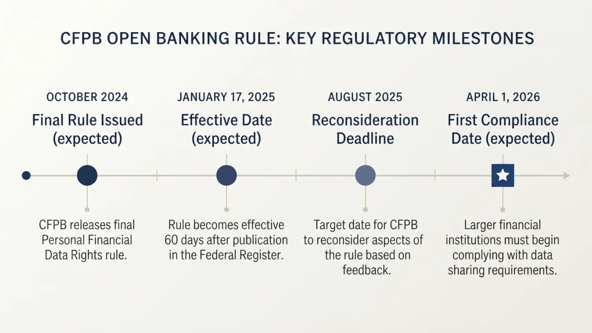 Editorial timeline chart of CFPB open banking rule milestones through 2026