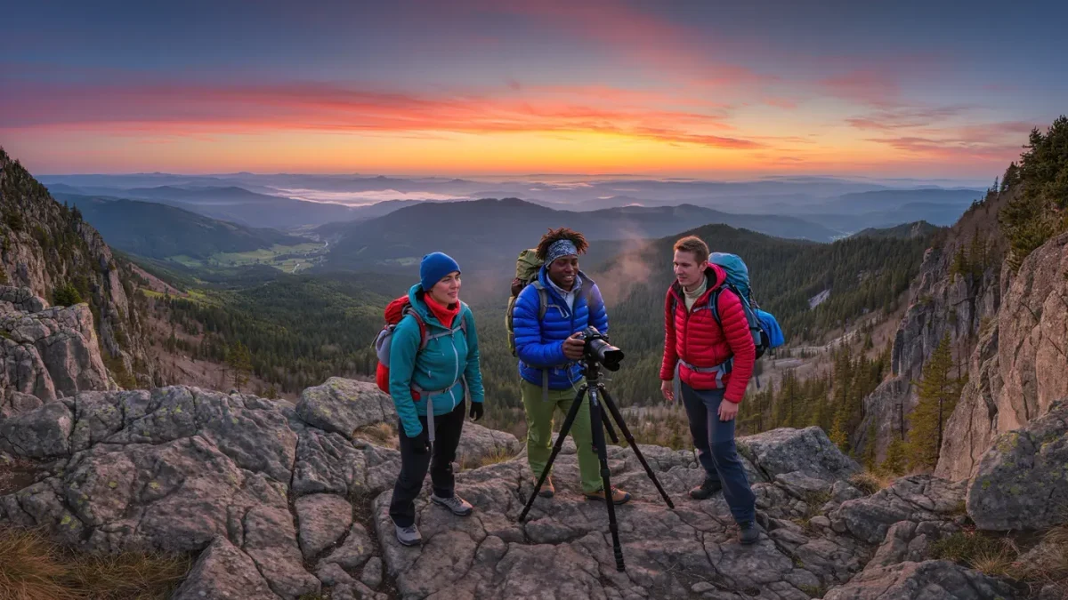 Hikers at a sunrise mountain overlook preparing a tripod camera