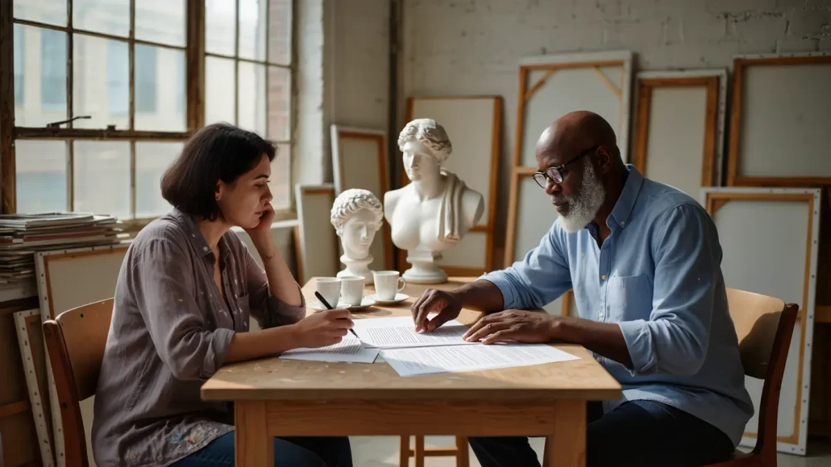 Two artists reading a commercial lease at a plywood studio table