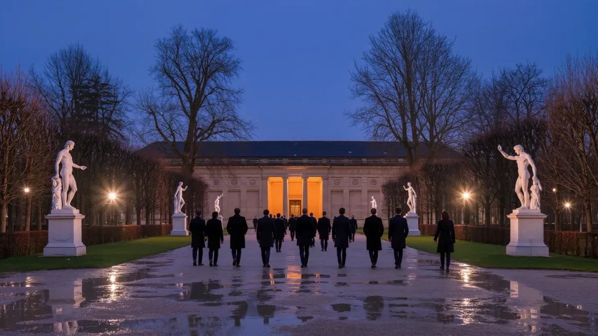 Guests crossing a museum sculpture garden toward a lit show entrance at dusk
