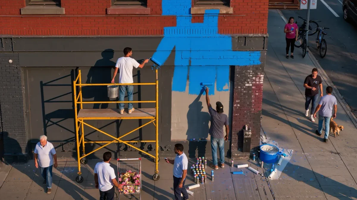 Street artists painting large mural on scaffolding beside sidewalk