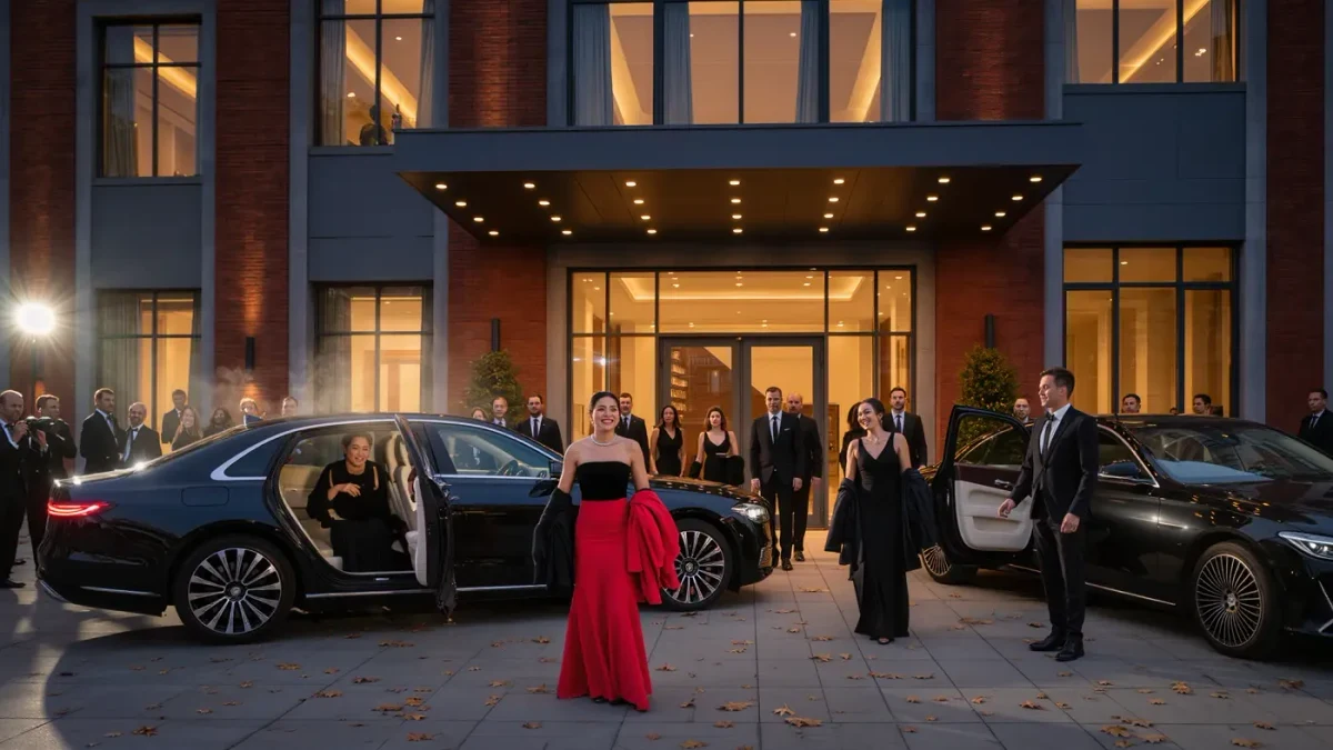 Guests in evening wear arriving at a fashion awards gala entrance at night