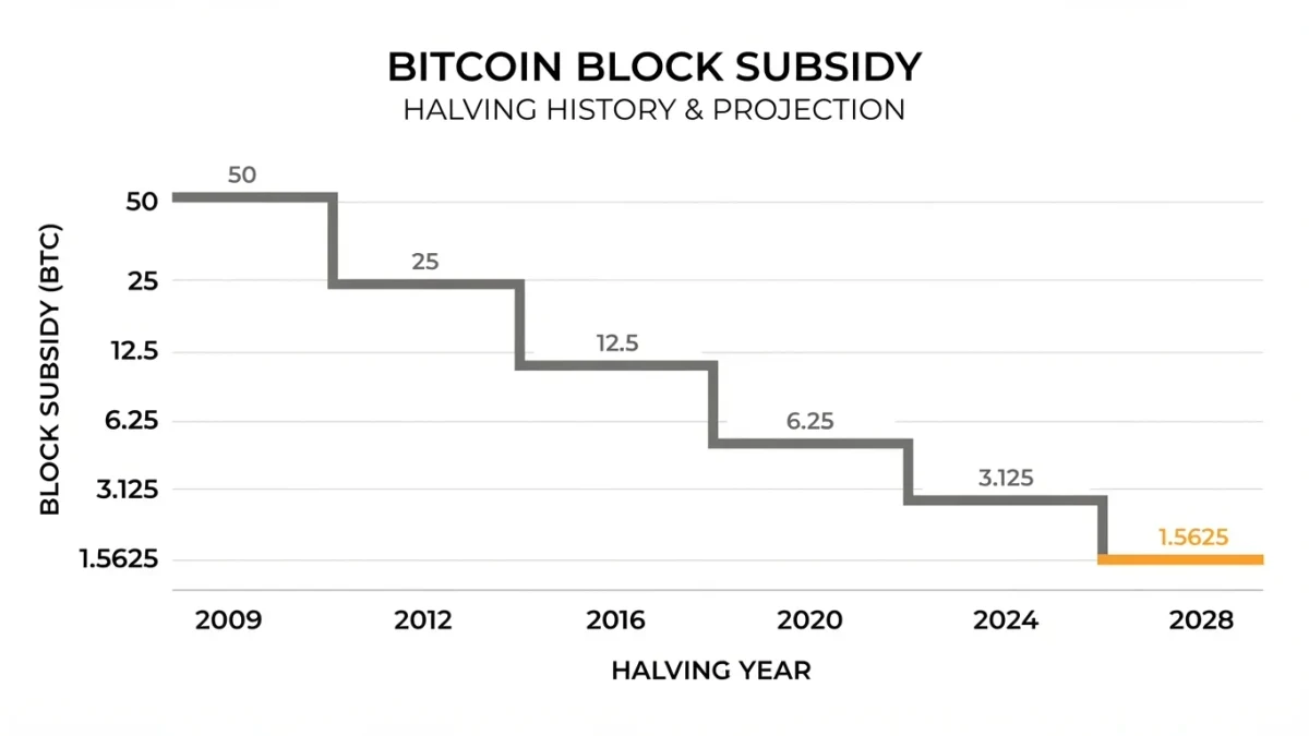 Stepped chart of Bitcoin's block subsidy halving from fifty to 1.5625 coins