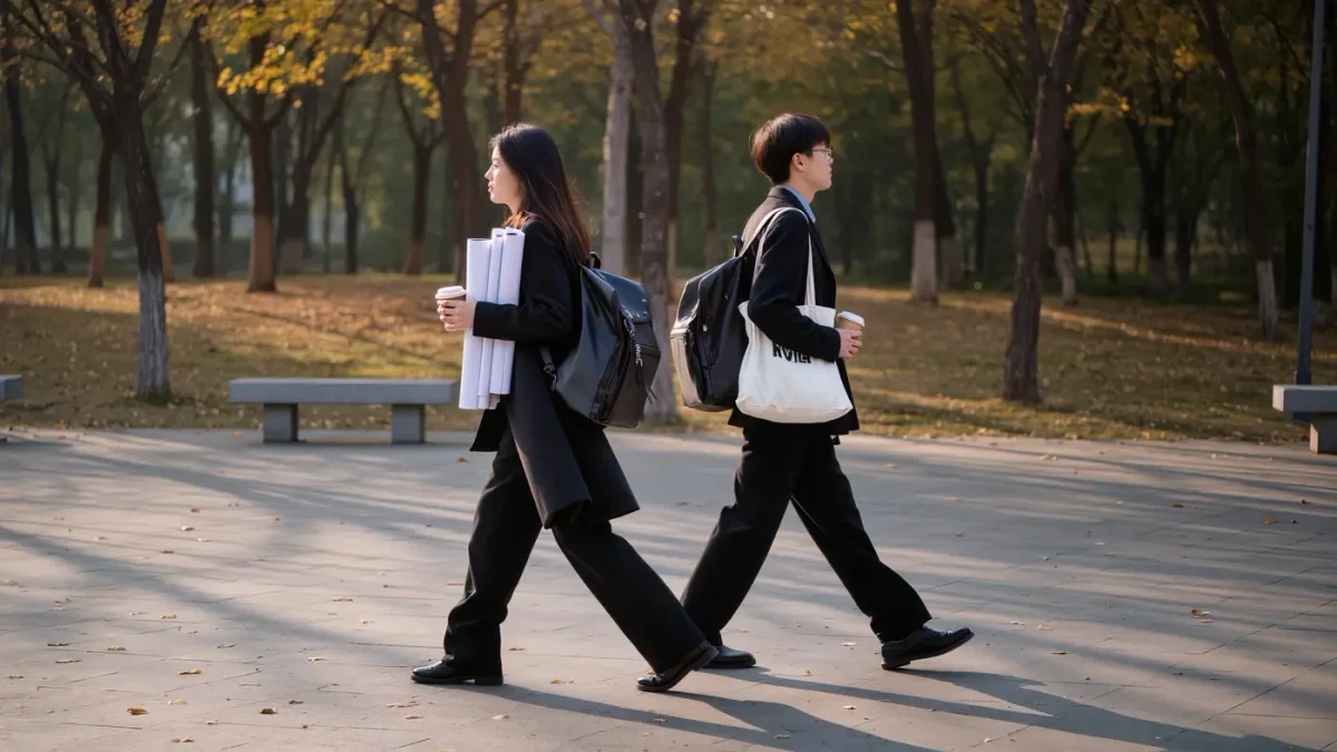 Two students in black layers crossing a park plaza with tote bags