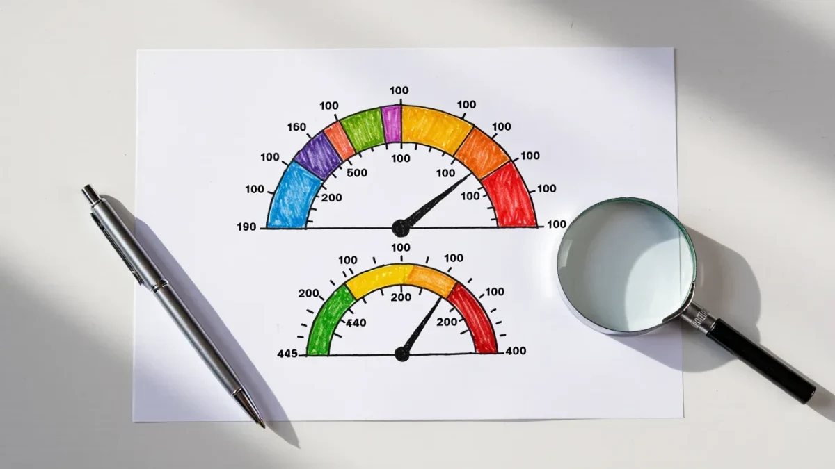 Hand-drawn infographic comparing percentage dial and hundred-point scale