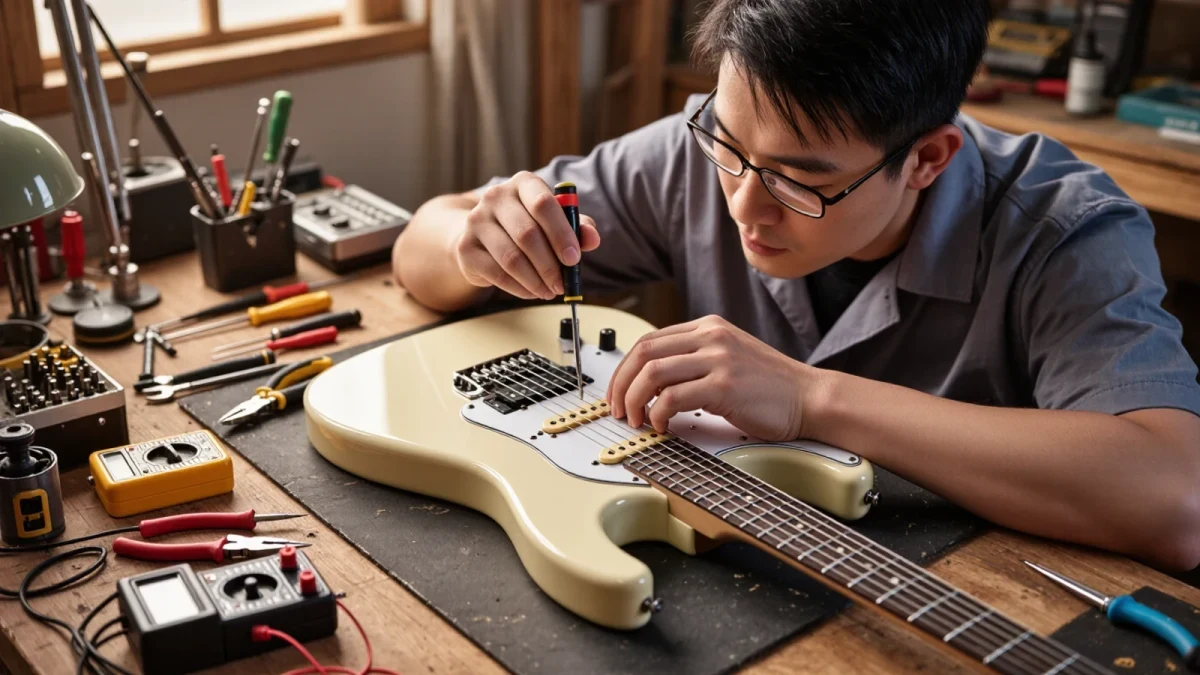 Guitar technician adjusting pickup height with a screwdriver