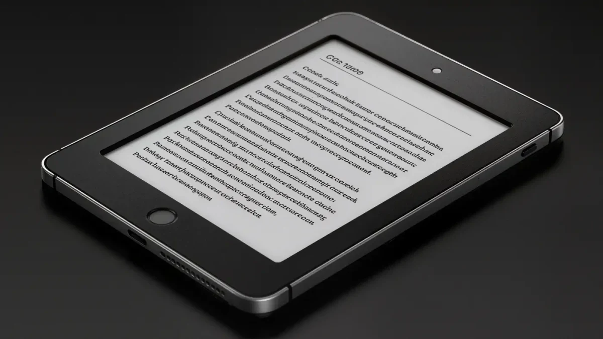 Close-up of a generic e-reader showing cleanly typeset, softly blurred pages