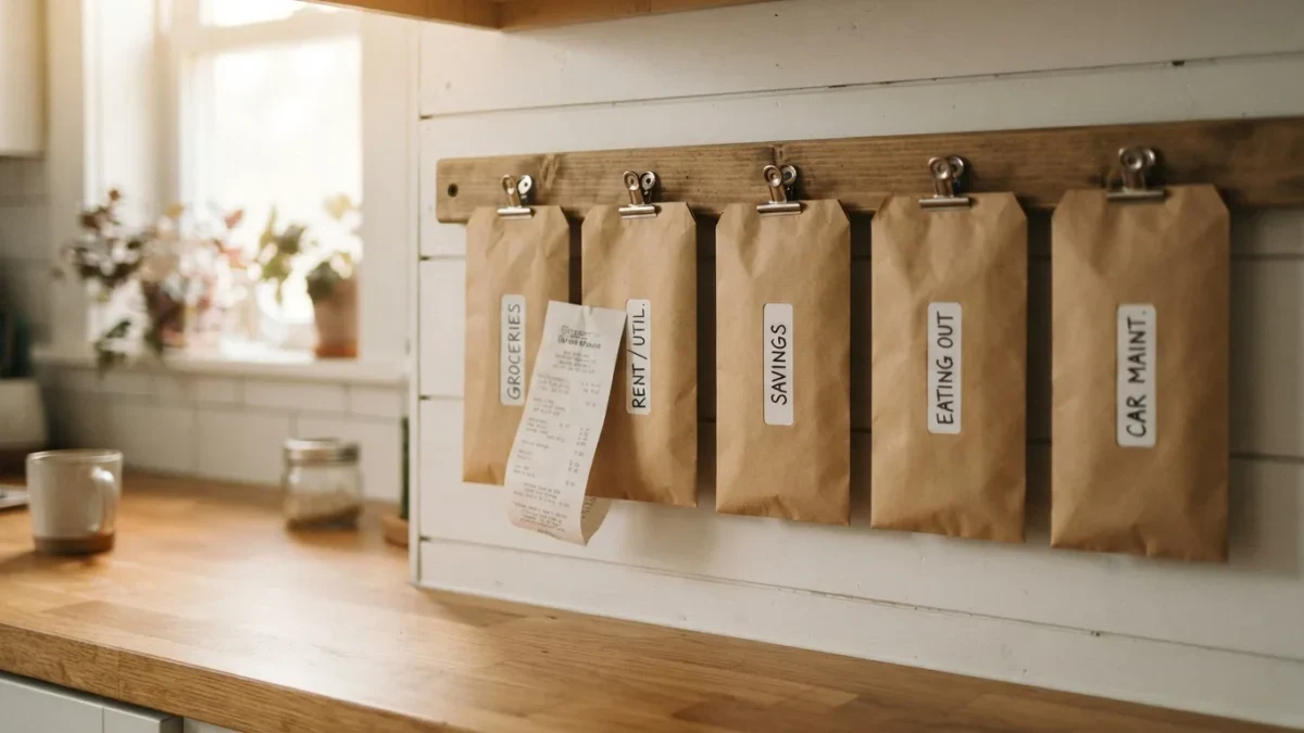 Labeled paper budget envelopes clipped above a clean kitchen counter