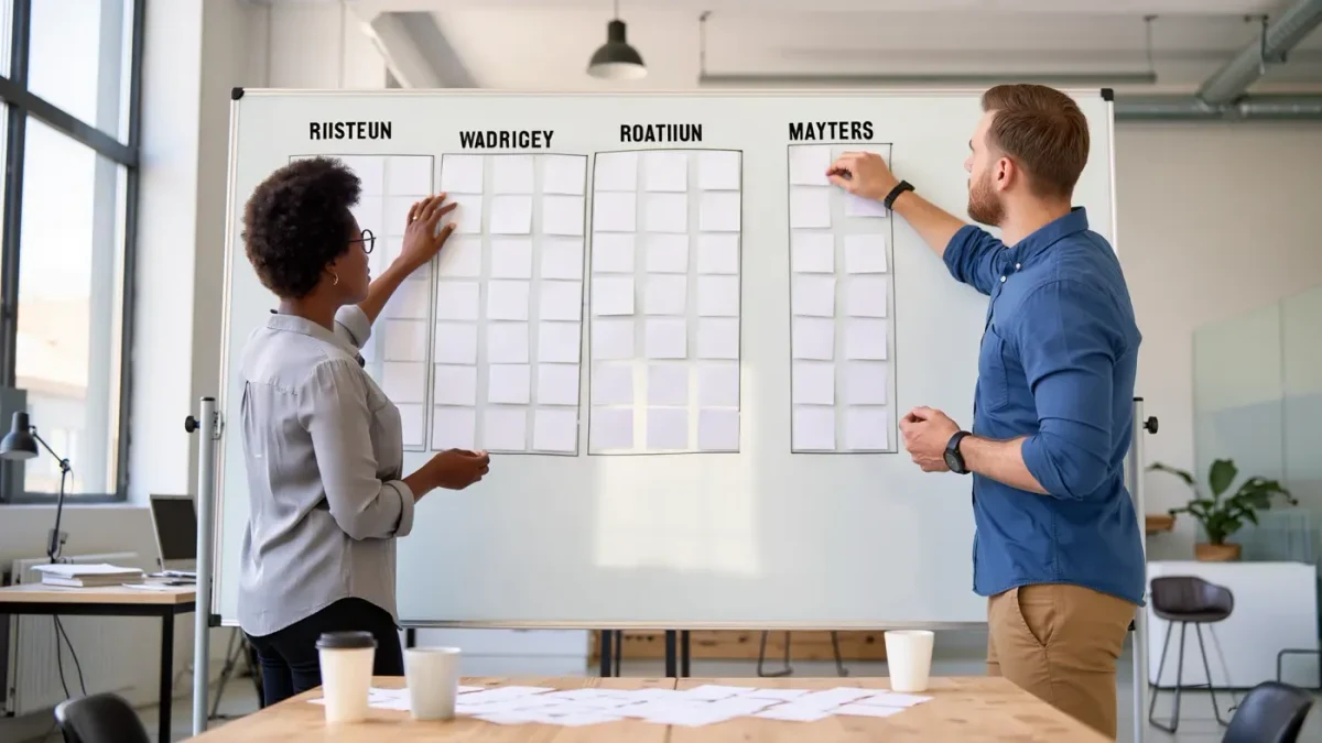Two writers arranging scene cards on a whiteboard