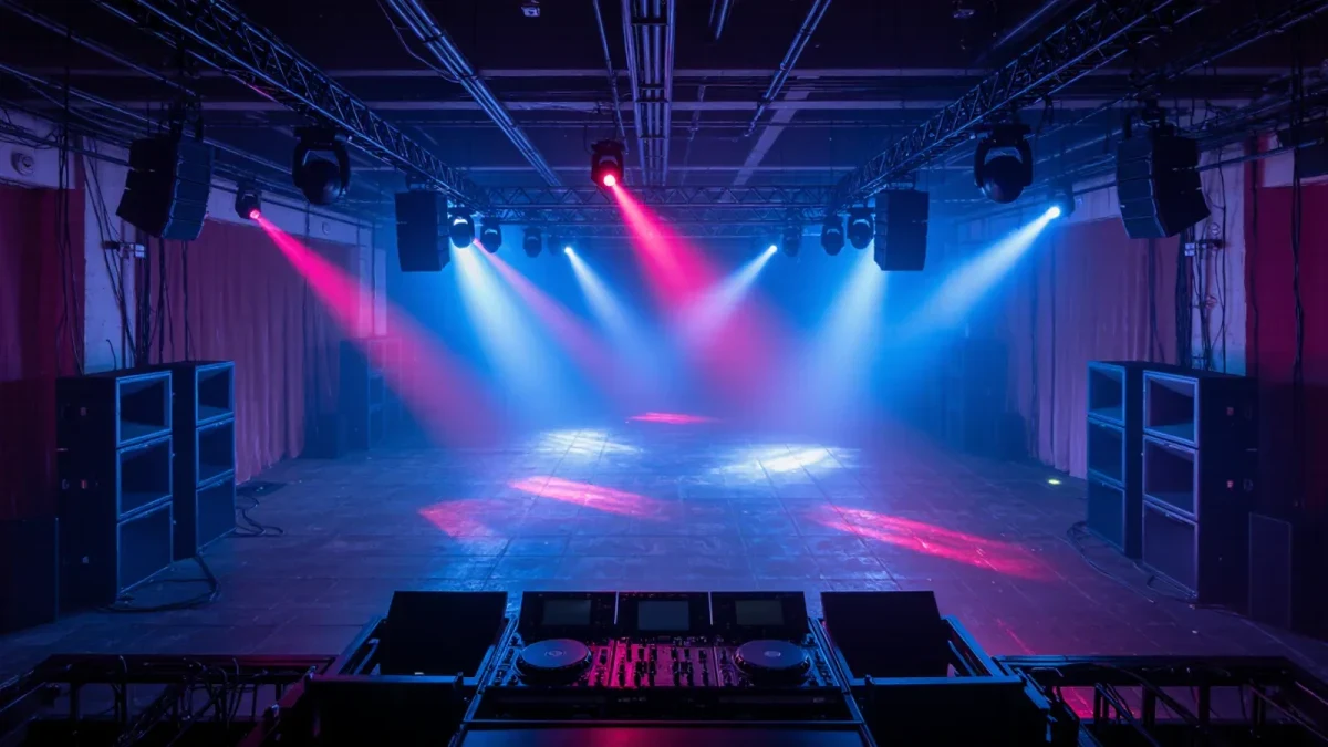 Speaker stacks in an empty nightclub under blue light