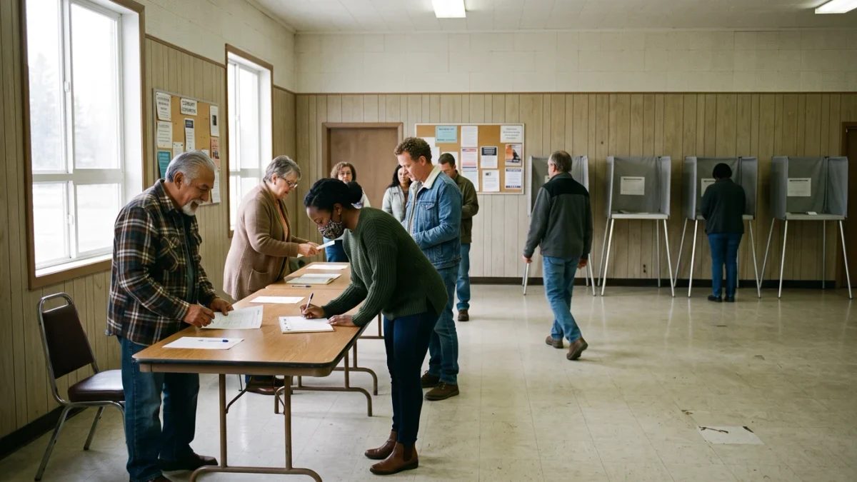 Voters at a sparse polling station in a rural hall