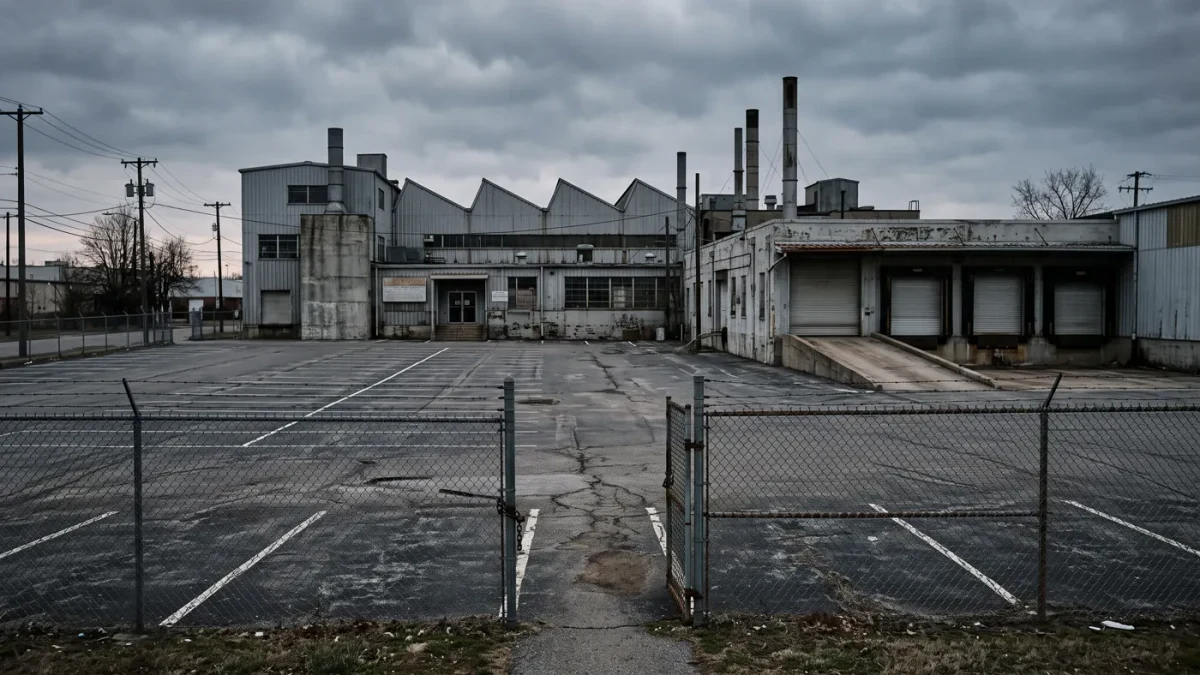 Idle factory gate and empty lot at dawn in a small town
