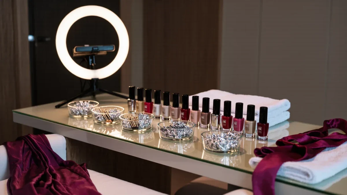 Prep table with polish bottles and manicure tools under lamp light