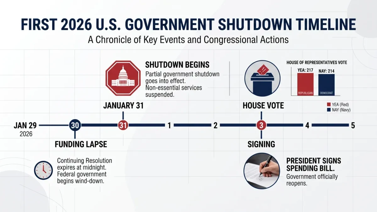 Infographic timeline of the four-day February 2026 shutdown