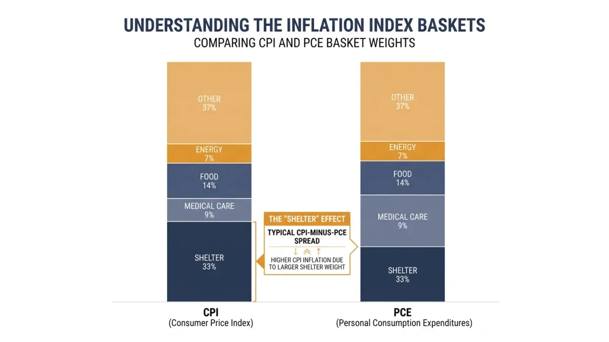 Infographic comparing CPI and PCE index weights and gaps