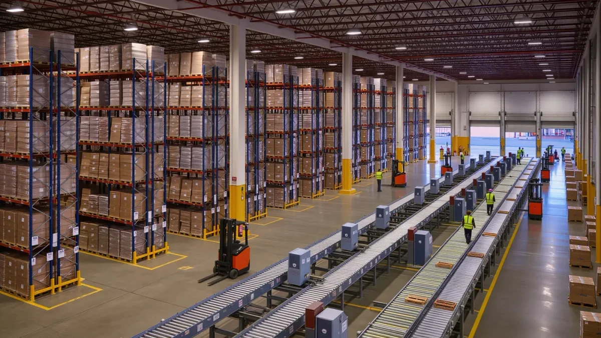 A distribution center floor during an active shift change