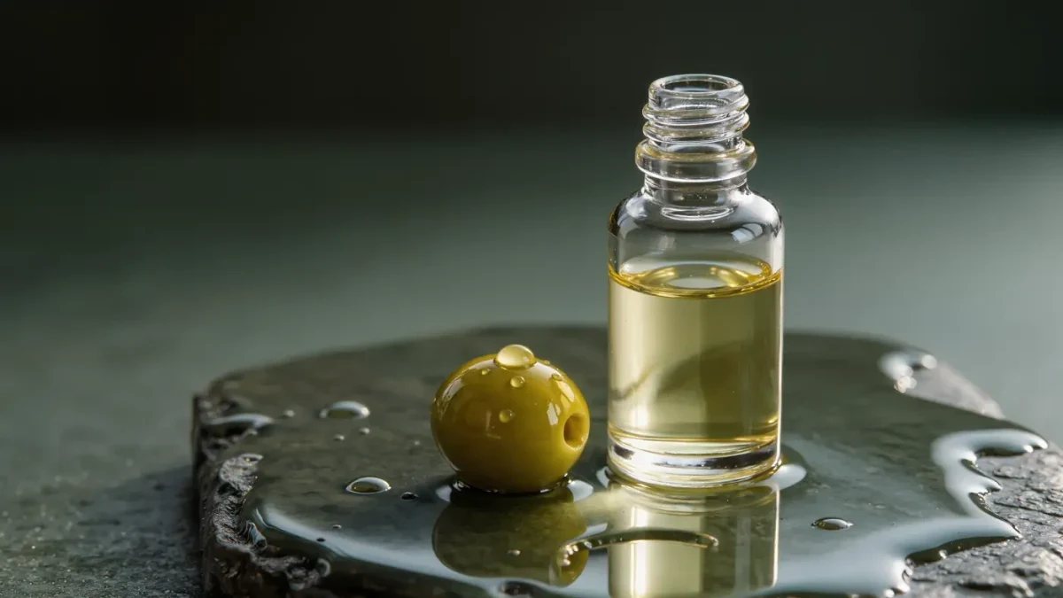 Clear glass dropper bottle of pale oil beside a single green olive on polished stone