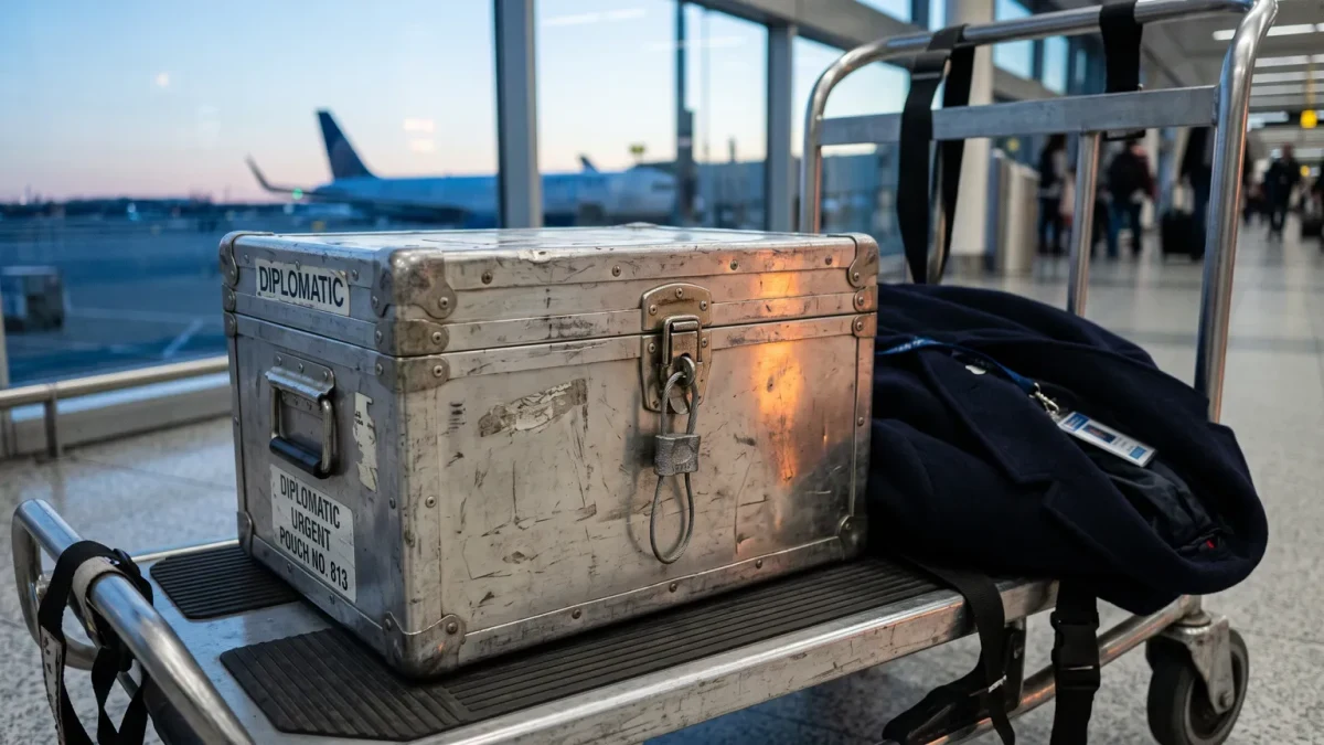 Steel diplomatic case with lead seal on an airport trolley at dawn