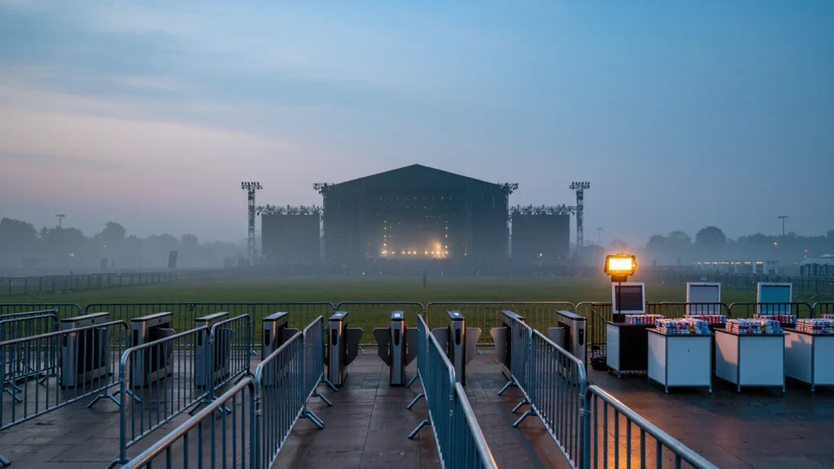 Empty festival entrance gates at dawn with barriers