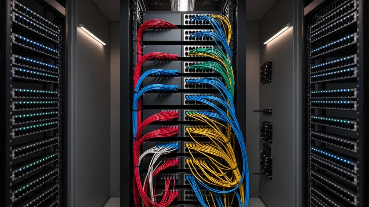 School server rack with ethernet patch cables at night