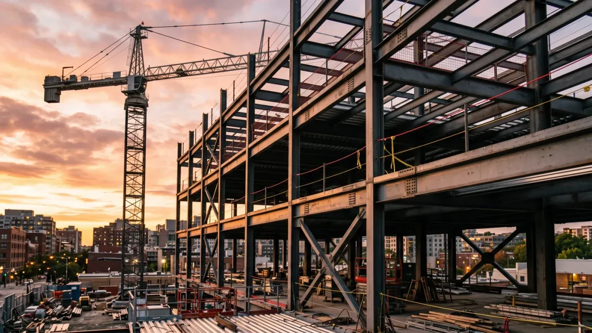 Steel erection crew bolting beams on a construction site
