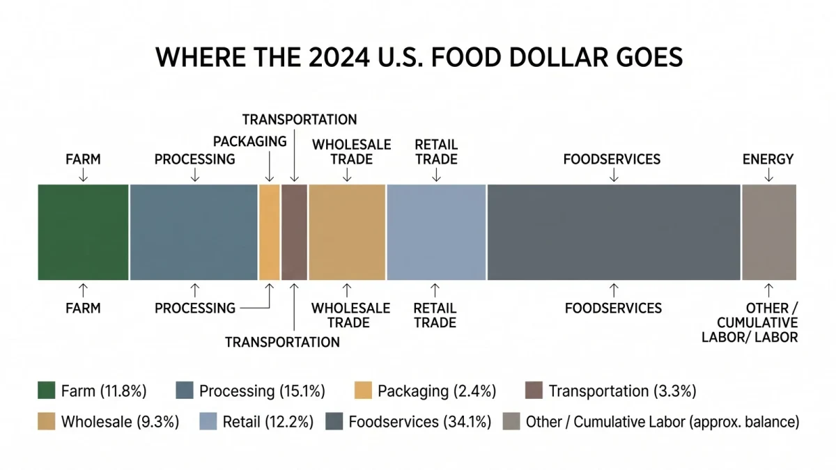 Stacked bar chart splitting one food dollar by cost