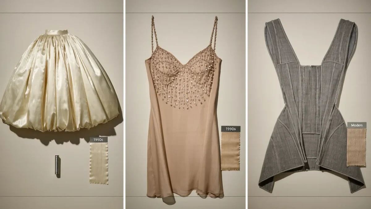 Vintage couture details compared across eras on archival layout