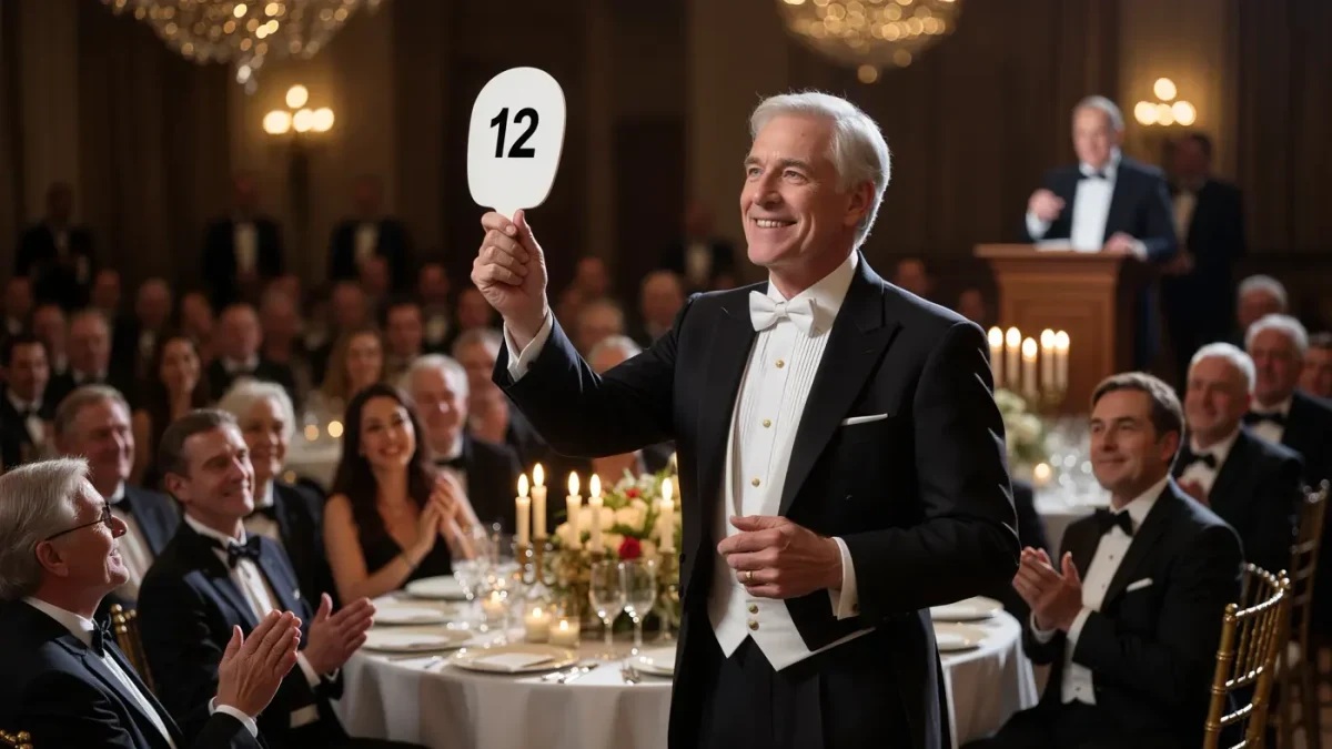 Guest raising numbered bidding paddle at candlelit charity live auction
