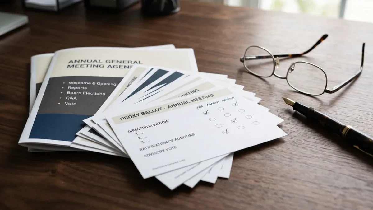 Proxy ballot cards and annual meeting agenda fanned beside reading glasses