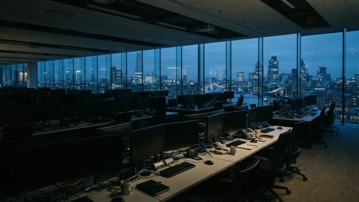 Dim empty trading room with dark monitors and skyline at dusk