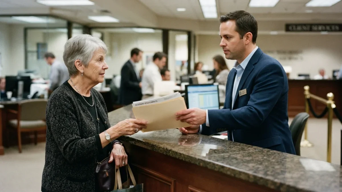 A brokerage counter clerk hands documents to a customer