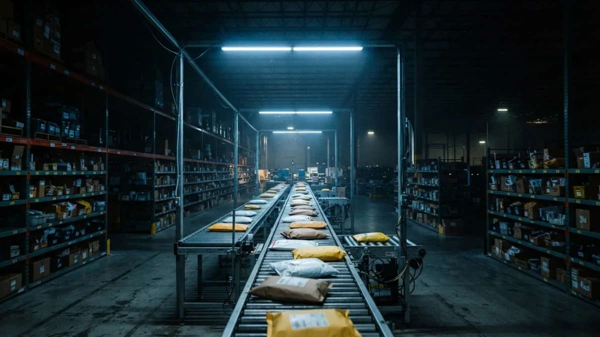 Nighttime e-commerce warehouse aisle with conveyor line and stacked shelves