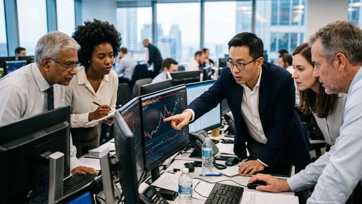 Economists reviewing employment charts in a trading room