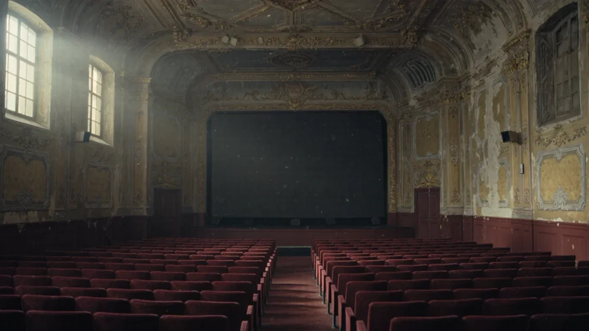 Empty vintage cinema at dawn with worn velvet seats and blank screen