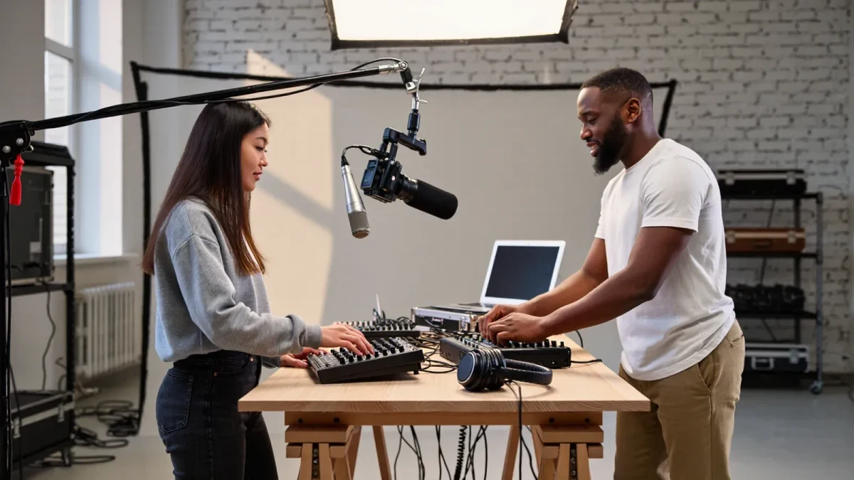 Production crew filming a podcast with smartphones and cameras