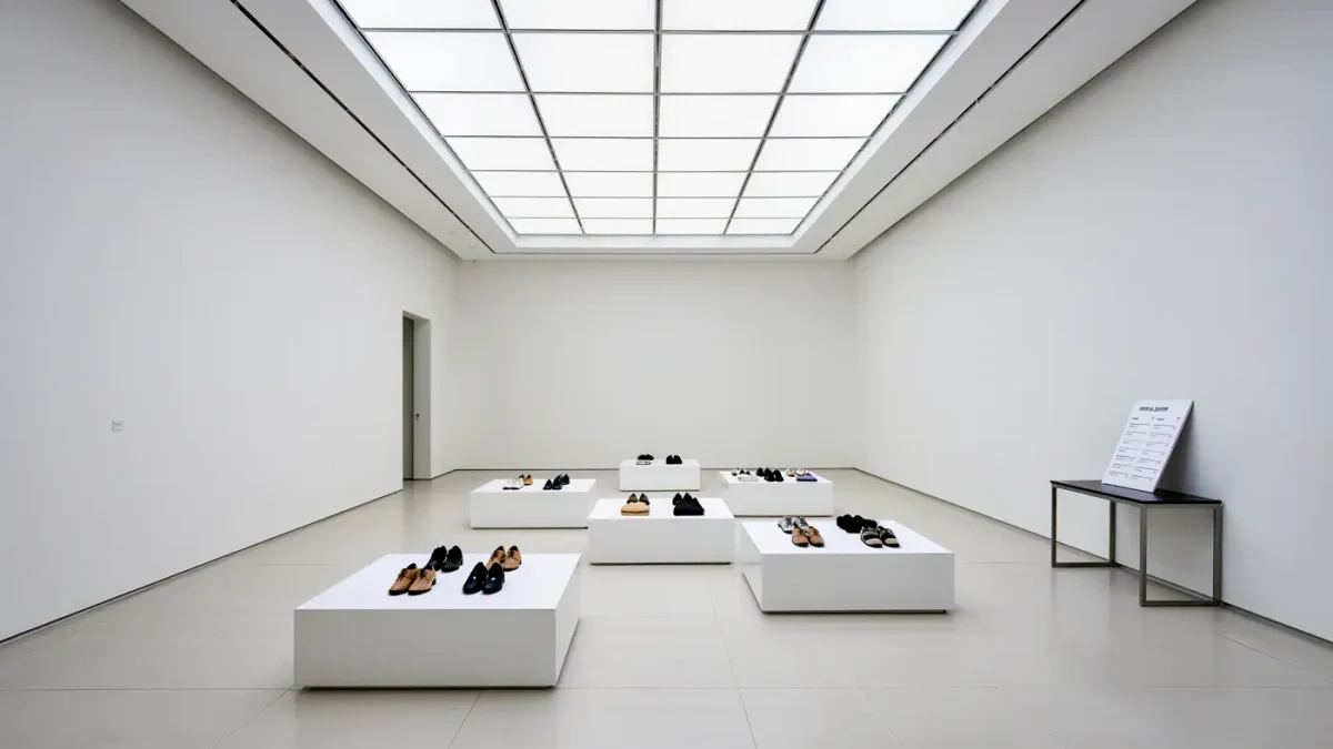 Empty white gallery room with models standing motionless on low plinths