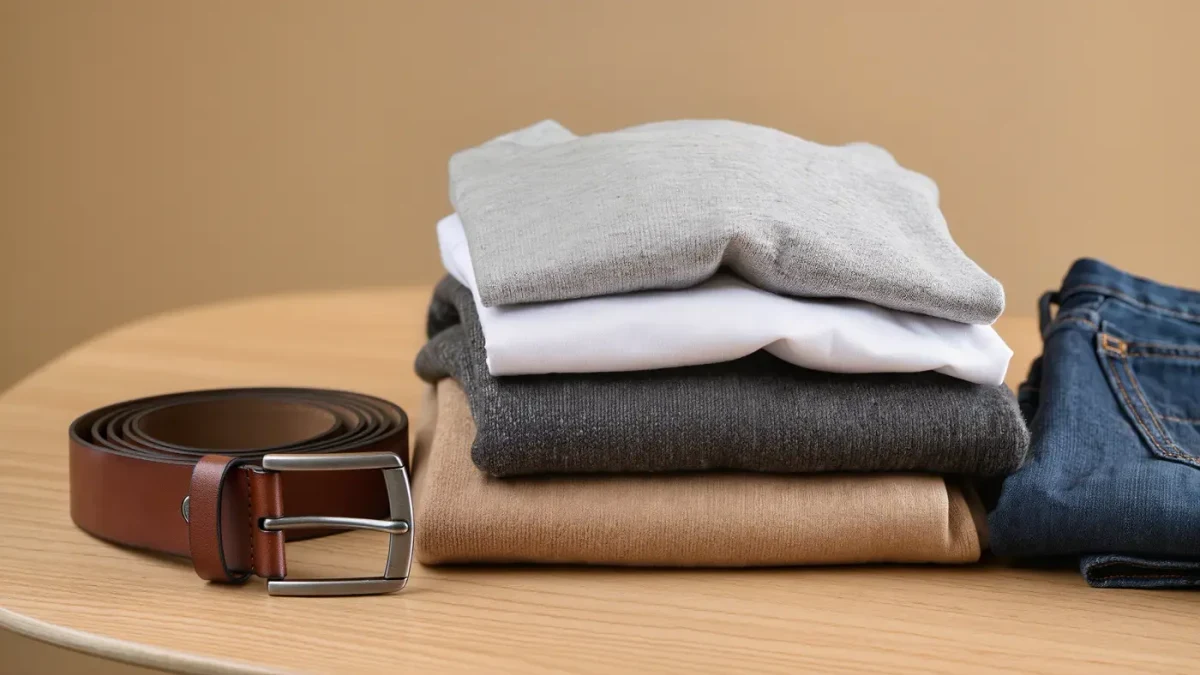 Neatly folded capsule wardrobe stack — merino sweater, white shirt, camel trousers, denim — with a leather belt on oak