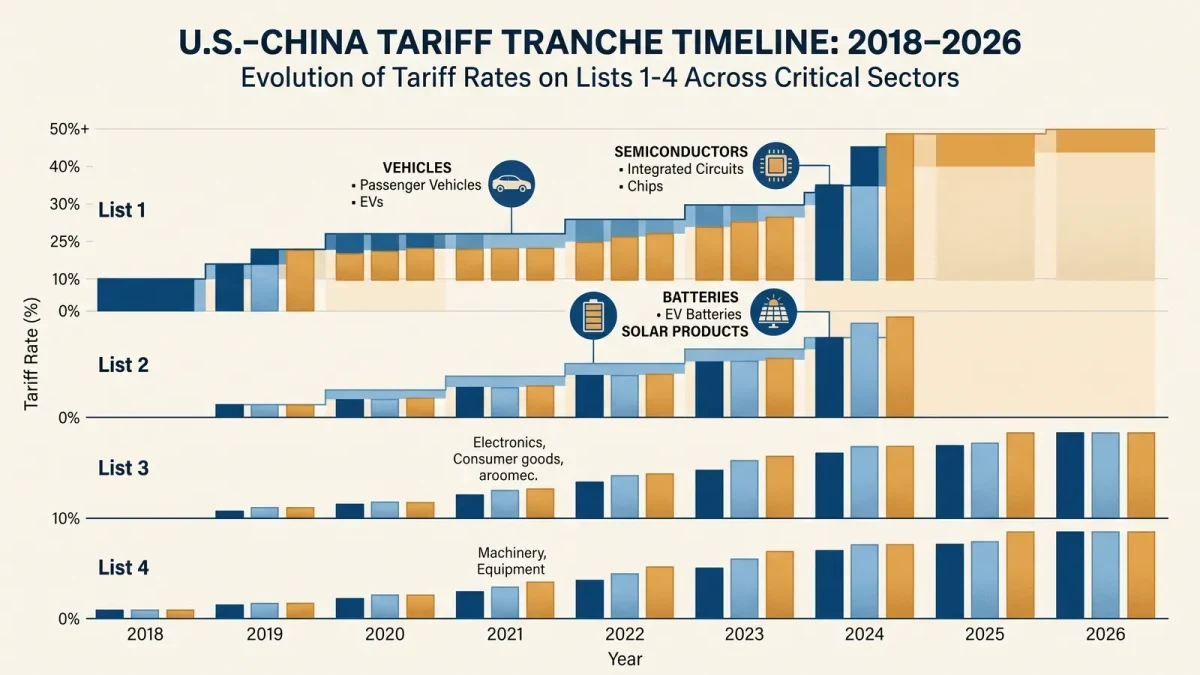 Infographic of tariff tranche timelines with rising duty-rate steps