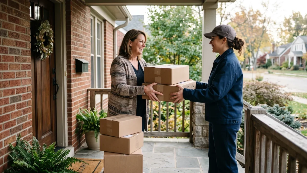 Delivery courier handing parcels to a porch recipient