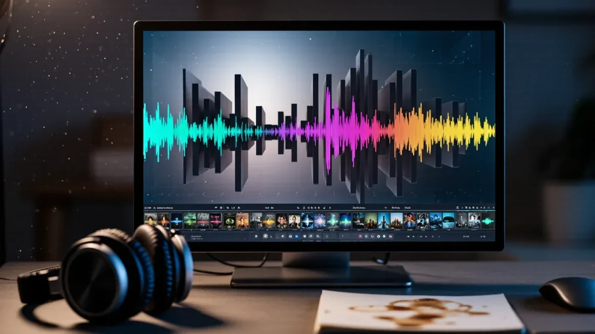 Close-up of an editing timeline with mismatched audio waveforms