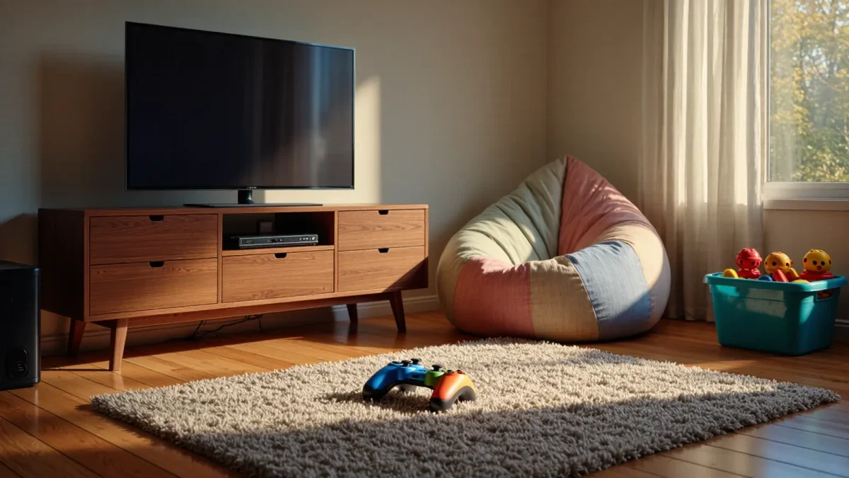 Cozy living room corner set up for young children's gaming