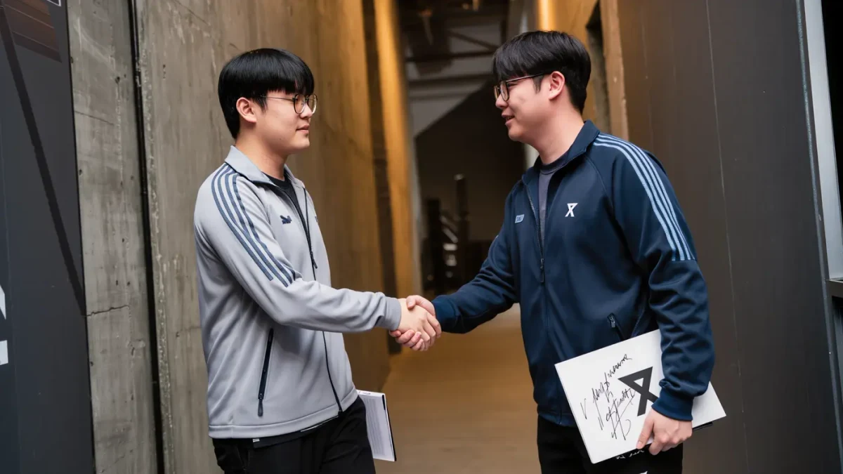 Young esports pros shaking hands at a tournament stage entrance