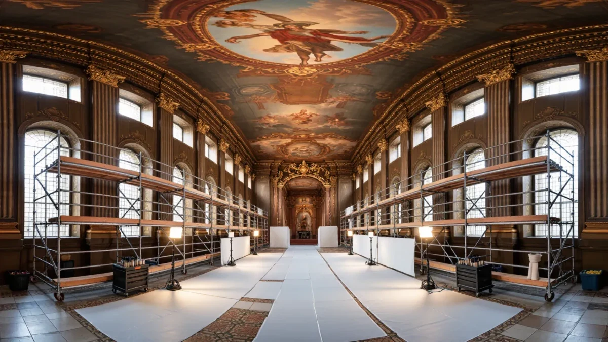 Restorer cleaning ornate ceiling fresco on scaffolding
