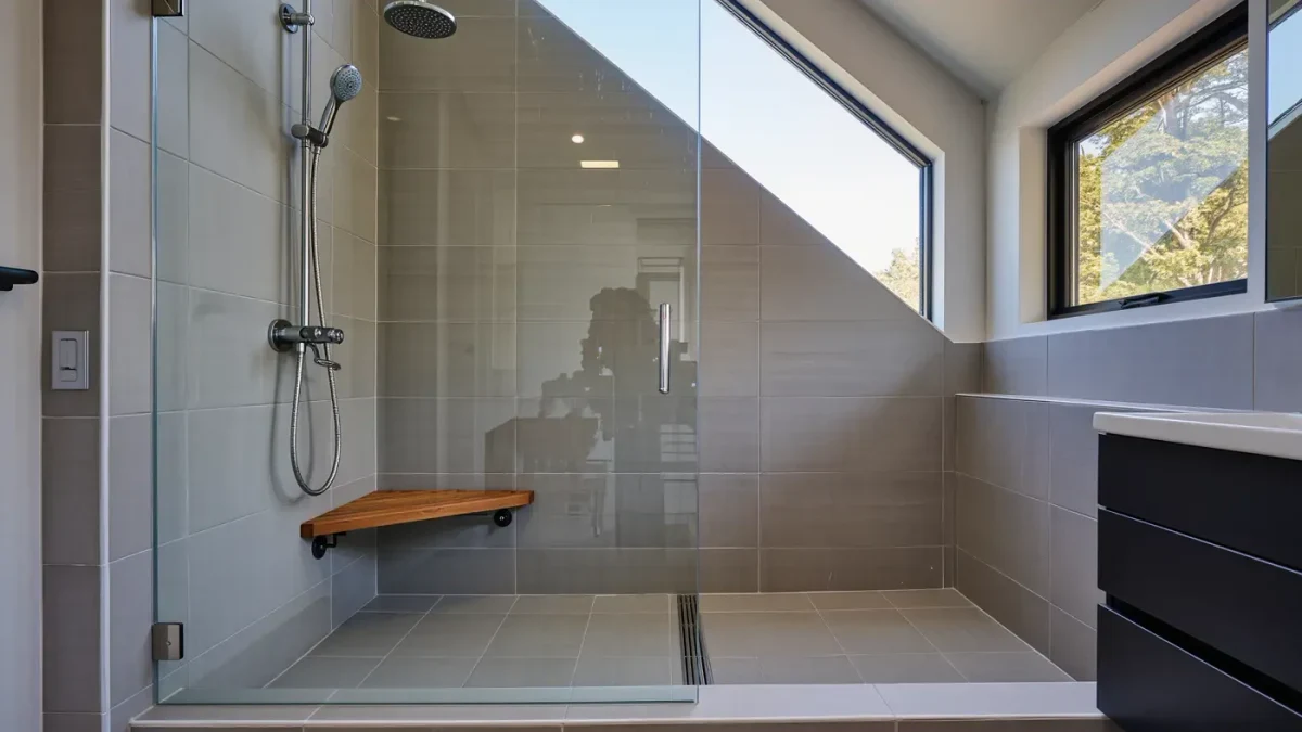 Curb-free tiled roll-in shower with handheld showerhead
