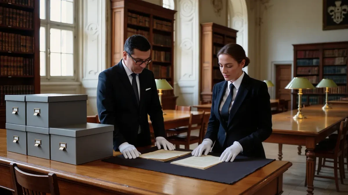 Archivists handling historical documents in a reading room