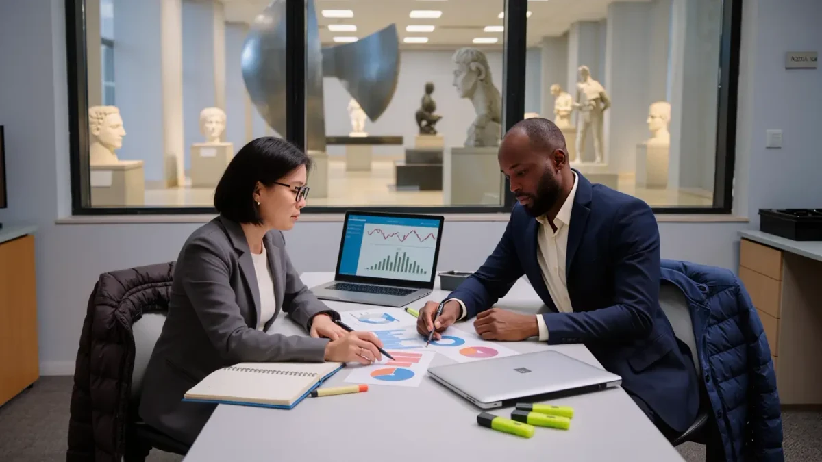 Finance officers reviewing museum endowment charts in a gallery office